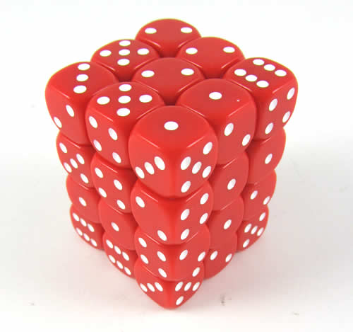 KOP05117 Red Opaque Deluxe Dice White Pips D6 12mm (1/2in) Pack of 36 (ONLINE ORDER ONLY)