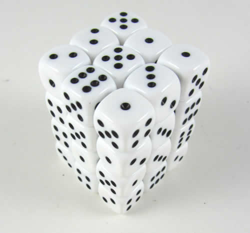 KOP05118 White Opaque Deluxe Dice Black Pips D6 12mm Pack of 36 (ONLINE ORDER ONLY)