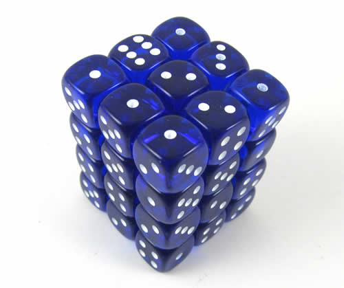 KOP05120 Blue Transparent Deluxe Dice White Pips D6 12mm Pack of 36 (ONLINE ORDER ONLY)