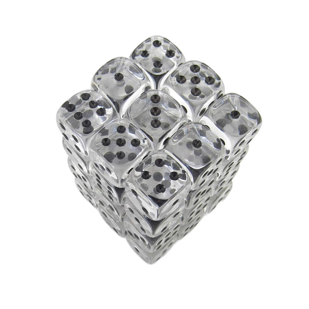 KOP05121 Clear Transparent Deluxe Dice Black Pips D6 12mm Pack of 36 (ONLINE ORDER ONLY)