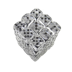 KOP05121 Clear Transparent Deluxe Dice Black Pips D6 12mm Pack of 36 (ONLINE ORDER ONLY)