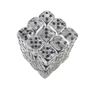 KOP05121 Clear Transparent Deluxe Dice Black Pips D6 12mm Pack of 36 (ONLINE ORDER ONLY)