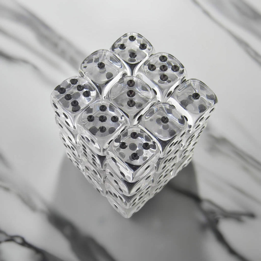 KOP05121 Clear Transparent Deluxe Dice Black Pips D6 12mm Pack of 36 (ONLINE ORDER ONLY)