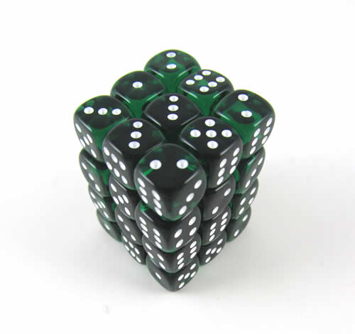 KOP05122 Green Transparent Deluxe Dice White Pips D6 12mm Pack of 36 (ONLINE ORDER ONLY)