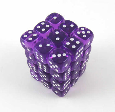 KOP05123 Purple Transparent Deluxe Dice White Pips D6 12mm Pack of 36 (ONLINE ORDER ONLY)