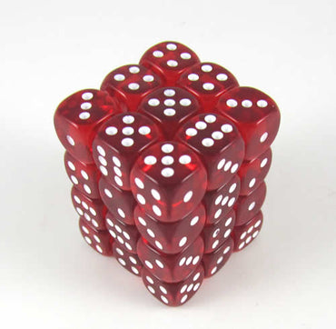KOP05124 Red Transparent Deluxe Dice White Pips D6 12mm Pack of 36 (ONLINE ORDER ONLY)
