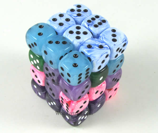KOP05126 Assorted Swirl Deluxe Dice Pips D6 12mm (1/2in) Pack of 36 (ONLINE ORDER ONLY)