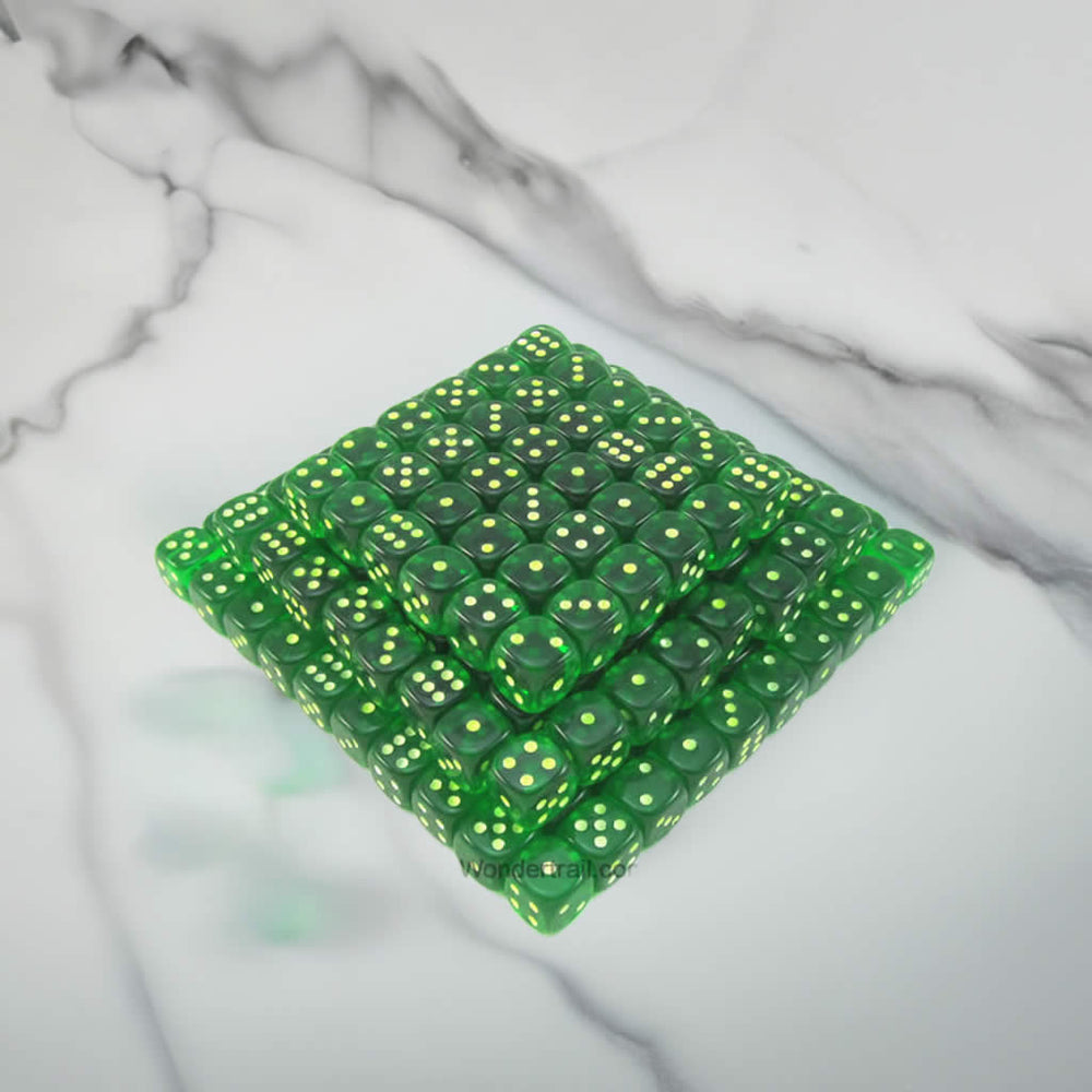 KOP05161 Green Transparent Dice Glow in the Dark Pips D6 16mm Bulk Pack of 200 (ONLINE ORDER ONLY)