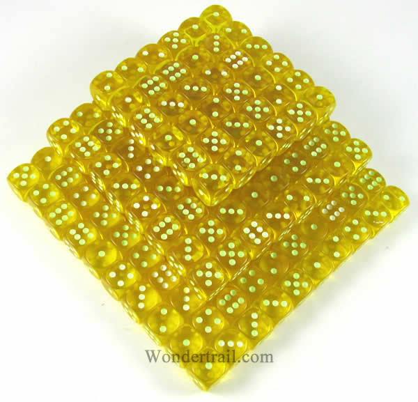 KOP05164 Yellow Transp Dice Glow in Dark Pips D6 16mm Bulk Pack of 200 (ONLINE ORDER ONLY)