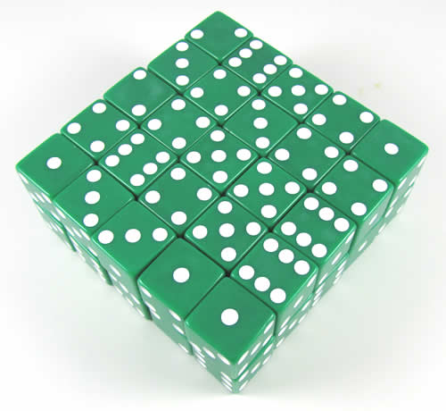 KOP05240 Green Opaque Dice White Pips D6 25mm (1in) Bulk Pack of 50 (ONLINE ORDER ONLY)