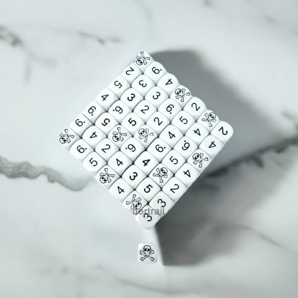 KOP05694 Skull Dice White Opaque Black Standard Numbers 16mm Bulk Pack of 50 (ONLINE ORDER ONLY)