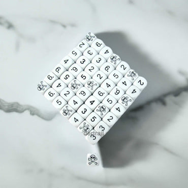 KOP05694 Skull Dice White Opaque Black Standard Numbers 16mm Bulk Pack of 50 (ONLINE ORDER ONLY)