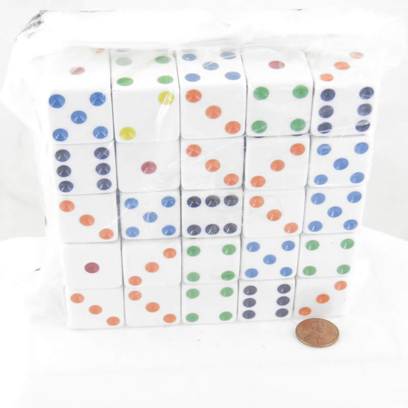 KOP06380 White Opaque Dice with Multi-Colored Pips D6 25mm (1in) Bulk Pack of 50 Koplow Games (ONLINE ORDER ONLY)