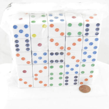 KOP06380 White Opaque Dice with Multi-Colored Pips D6 25mm (1in) Bulk Pack of 50 Koplow Games (ONLINE ORDER ONLY)