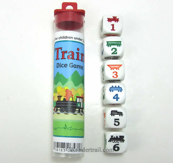 KOP06571 Train Dice Game White with Multi-Colored Trains (D6) 16mm (ONLINE ORDER ONLY)