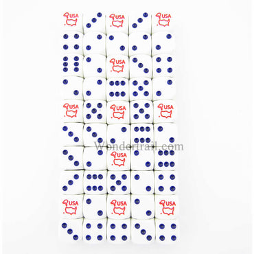 KOP07219 USA Dice White with Blue Pips and Red USA D6 16mm Bulk Pack of 50 (ONLINE ORDER ONLY)