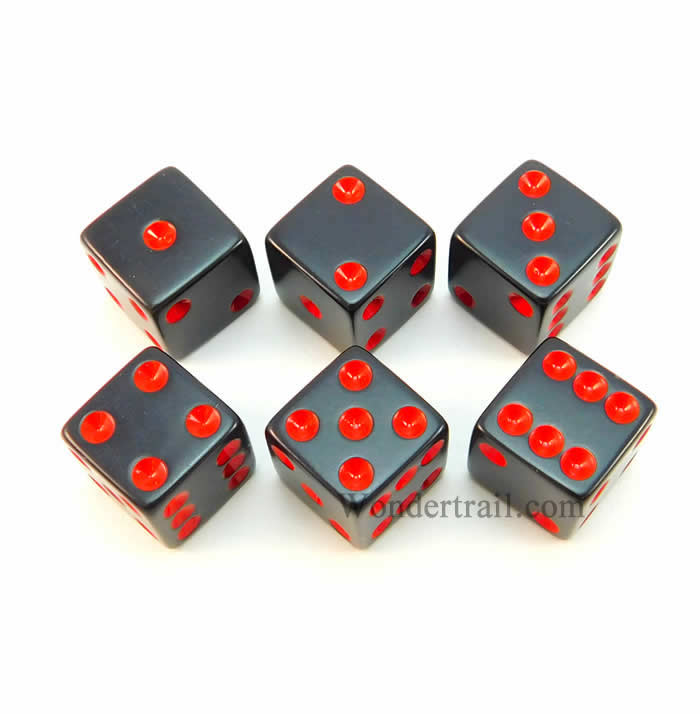 KOP08116 Black Opaque Dice Red Pips D6 16mm (5/8in) Pack of 6 Koplow (ONLINE ORDER ONLY)