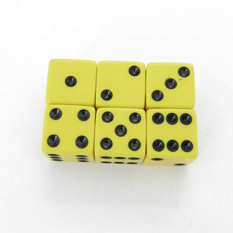 KOP08119 Yellow Opaque Dice Black Pips D6 16mm (5/8in) Pack of 6 Koplow (ONLINE ORDER ONLY)