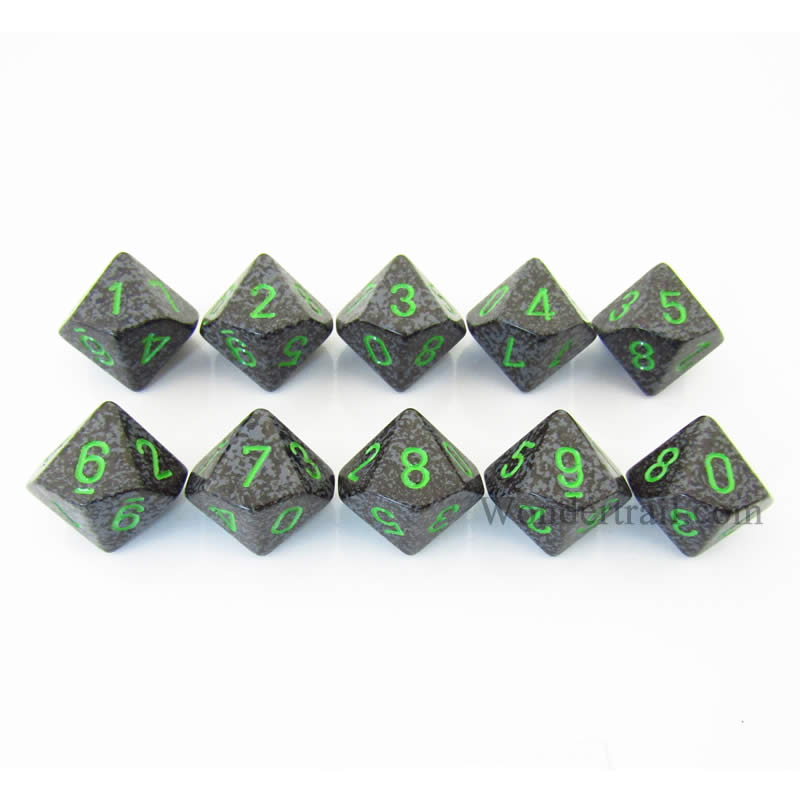 KOP08478 Earth Elemental Dice Green Numbers D10 16mm Pack of 10 (ONLINE ORDER ONLY)