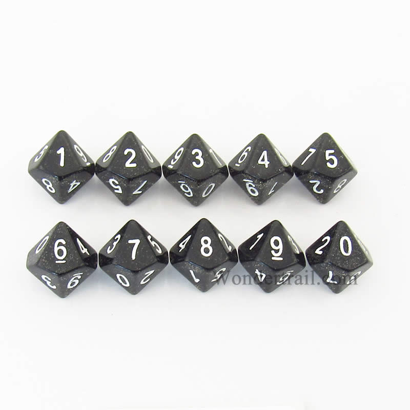 KOP08492 Black Glitter Dice White Numbers D10 16mm (5/8in) Pack of 10 (ONLINE ORDER ONLY)