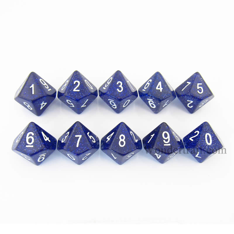 KOP08493 Blue Glitter Dice with White Numbers D10 16mm (5/8in) Pack of 10 (ONLINE ORDER ONLY)