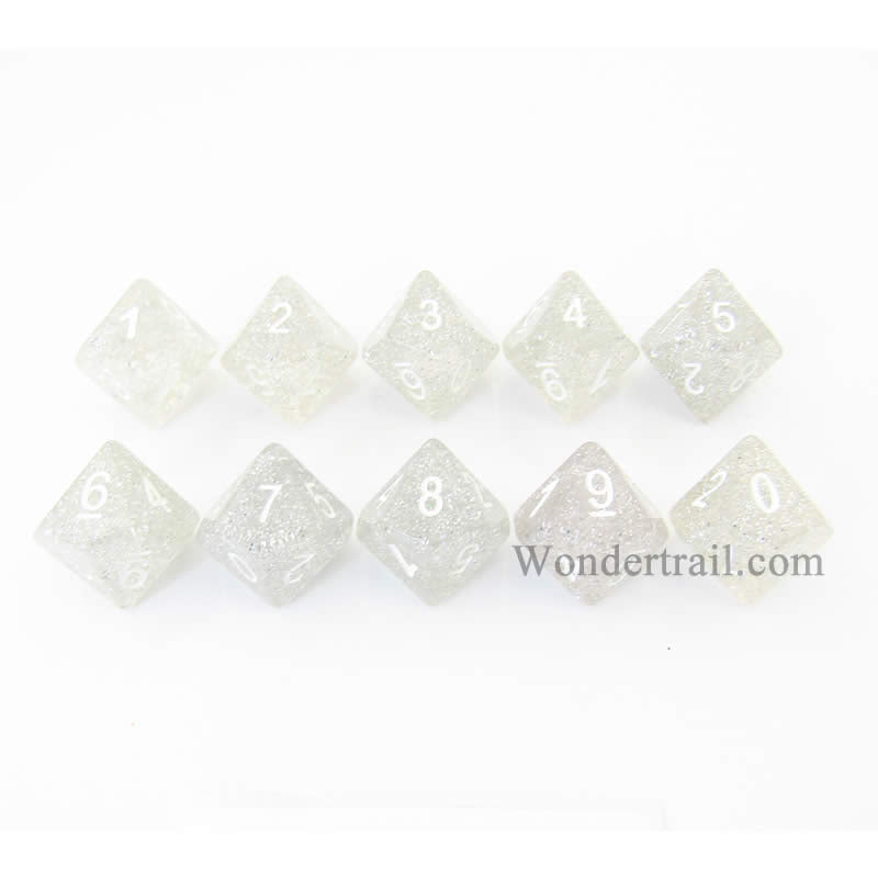 KOP08494 Clear Glitter Dice with White Numbers D10 16mm (5/8in) Pack of 10 (ONLINE ORDER ONLY)