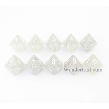 KOP08494 Clear Glitter Dice with White Numbers D10 16mm (5/8in) Pack of 10 (ONLINE ORDER ONLY)