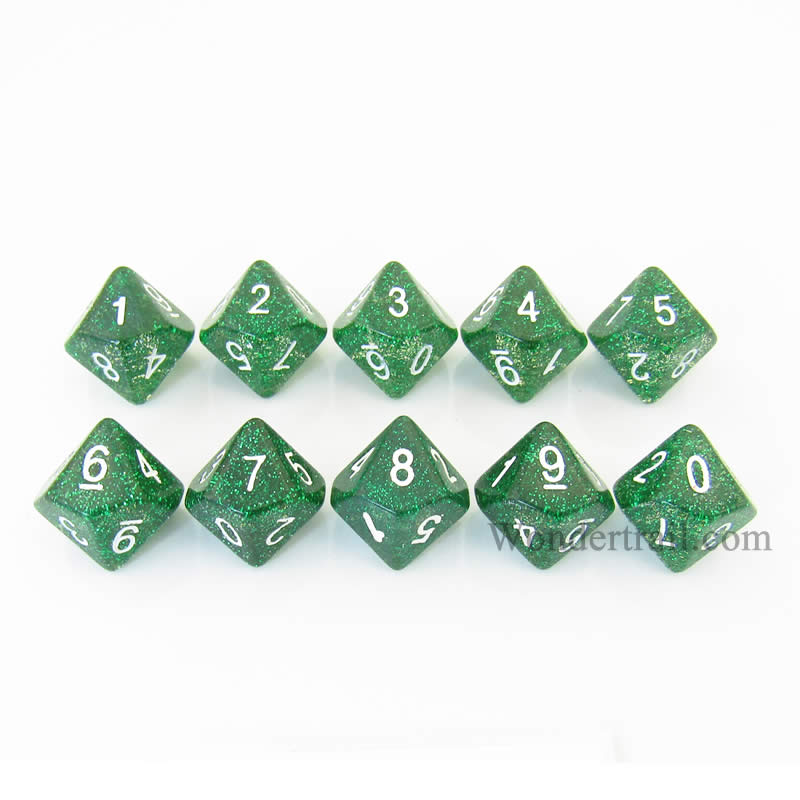 KOP08495 Green Glitter Dice White Numbers D10 16mm (5/8in) Pack of 10 (ONLINE ORDER ONLY)