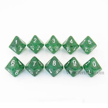 KOP08495 Green Glitter Dice White Numbers D10 16mm (5/8in) Pack of 10 (ONLINE ORDER ONLY)