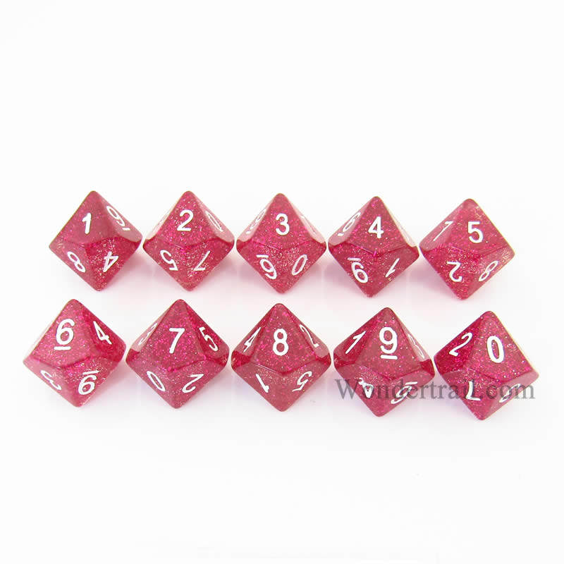 KOP08496 Purple Glitter Dice White Numbers D10 16mm (5/8in) Pack of 10 (ONLINE ORDER ONLY)