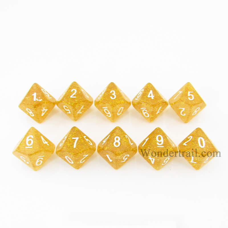 KOP08497 Yellow Glitter Dice White Numbers D10 16mm (5/8in) Pack of 10 (ONLINE ORDER ONLY)
