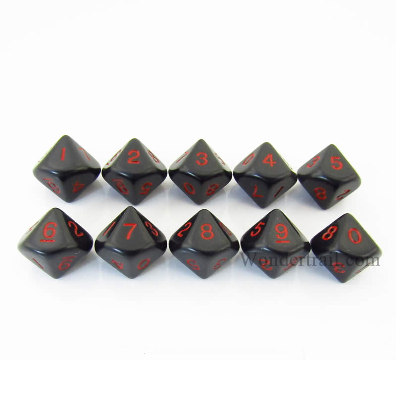 KOP08506 Black Opaque Dice Red Numbers D10 16mm (5/8in) Pack of 10 (ONLINE ORDER ONLY)
