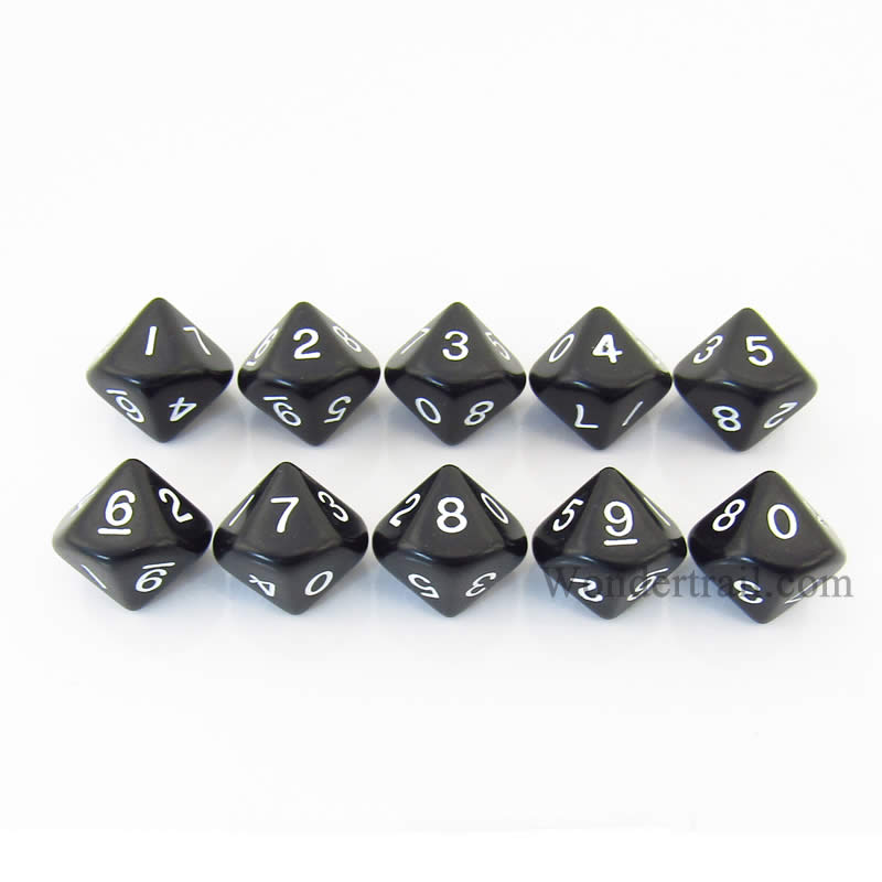 KOP08507 Black Opaque Dice White Numbers D10 16mm (5/8in) Pack of 10 (ONLINE ORDER ONLY)