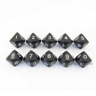 KOP08507 Black Opaque Dice White Numbers D10 16mm (5/8in) Pack of 10 (ONLINE ORDER ONLY)