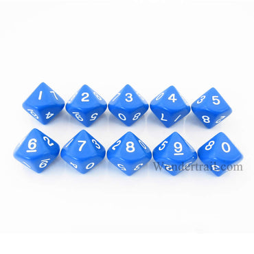 KOP08508 Blue Opaque Dice White Numbers D10 16mm (5/8in) Pack of 10 (ONLINE ORDER ONLY)