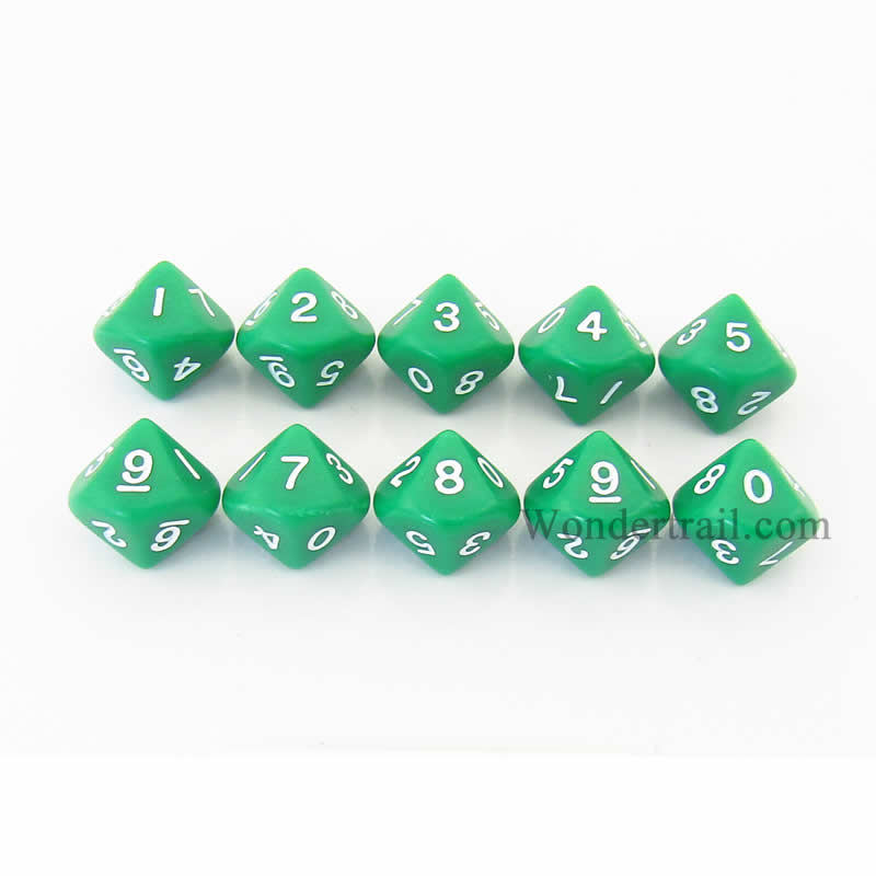 KOP08509 Green Opaque Dice White Numbers D10 16mm (5/8in) Pack of 10 (ONLINE ORDER ONLY)