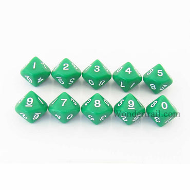 KOP08509 Green Opaque Dice White Numbers D10 16mm (5/8in) Pack of 10 (ONLINE ORDER ONLY)
