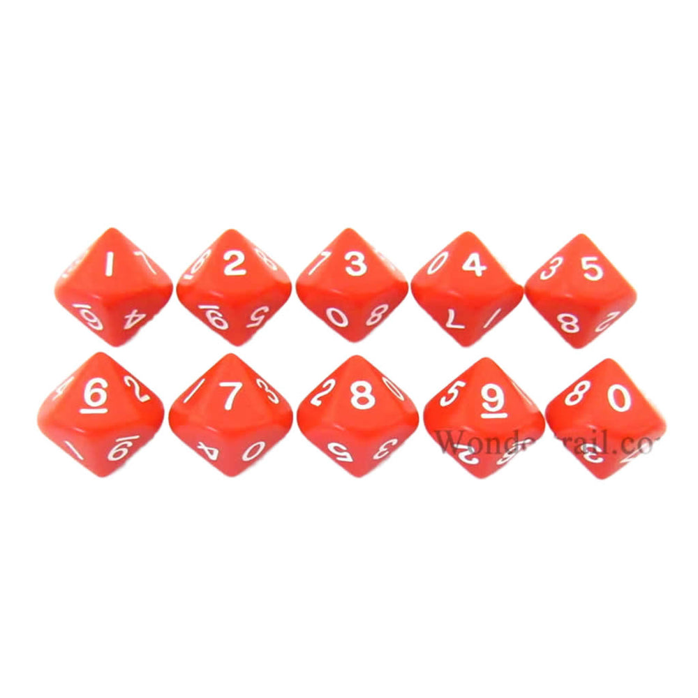 KOP08511 Red Opaque Dice White Numbers D10 16mm (5/8in) Pack of 10 (ONLINE ORDER ONLY)