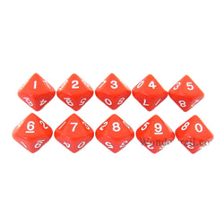 KOP08511 Red Opaque Dice White Numbers D10 16mm (5/8in) Pack of 10 (ONLINE ORDER ONLY)