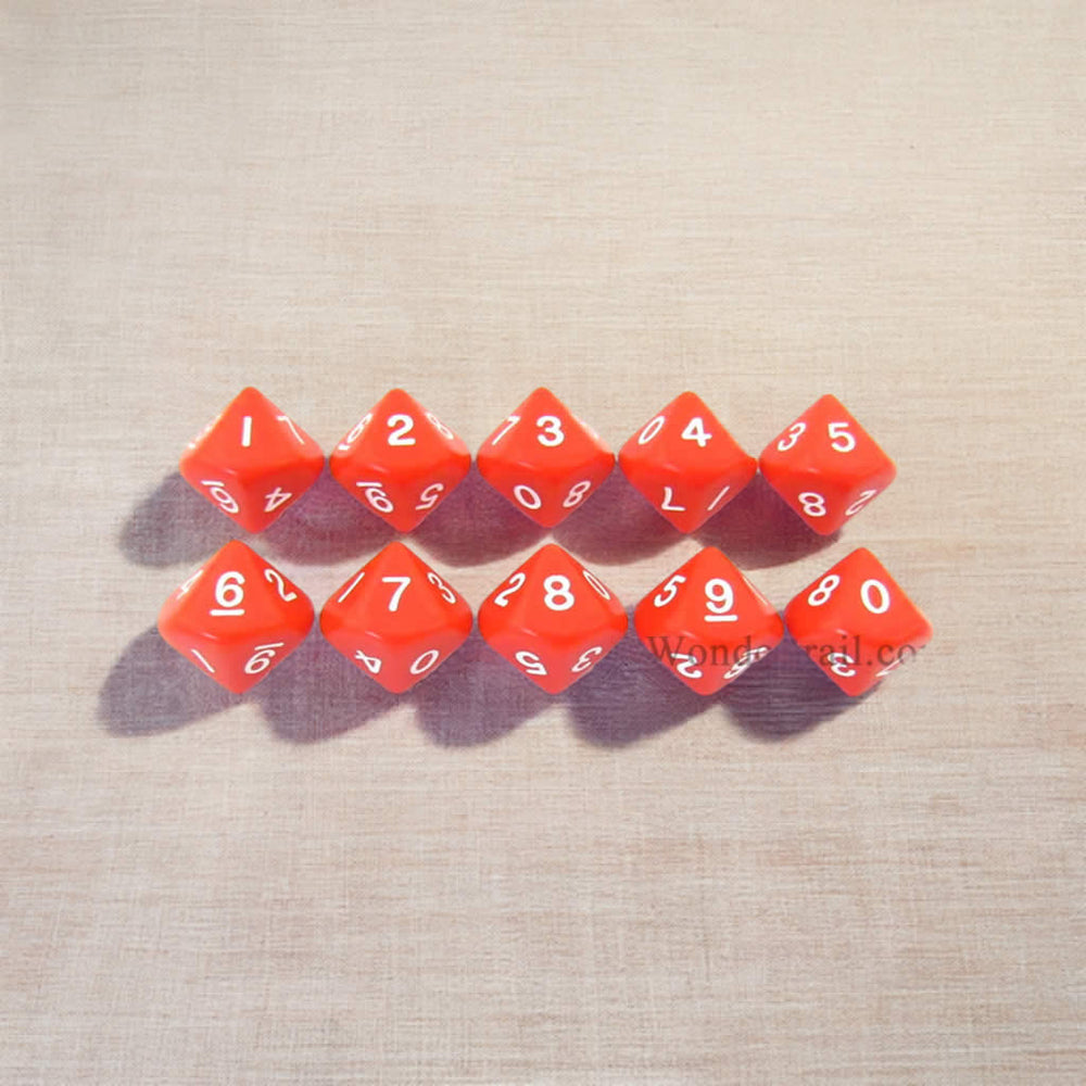 KOP08511 Red Opaque Dice White Numbers D10 16mm (5/8in) Pack of 10 (ONLINE ORDER ONLY)