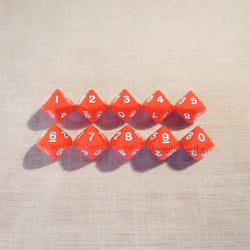 KOP08511 Red Opaque Dice White Numbers D10 16mm (5/8in) Pack of 10 (ONLINE ORDER ONLY)