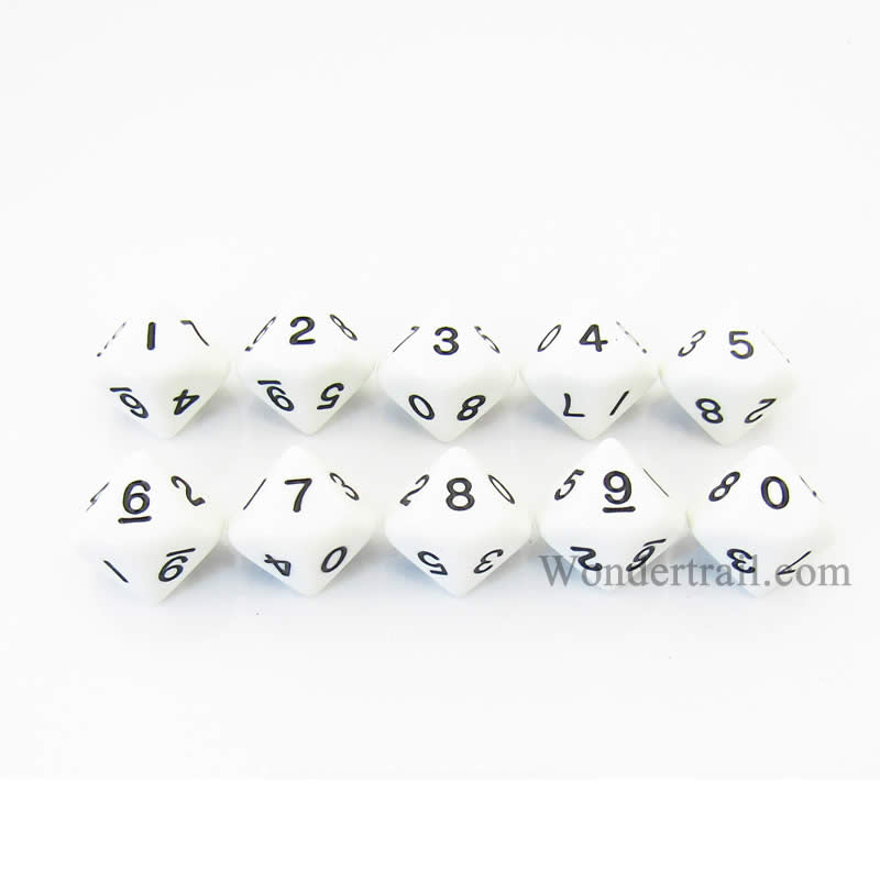 KOP08512 White Opaque Dice with Black Numbers D10 16mm (5/8in) Pack of 10 (ONLINE ORDER ONLY)