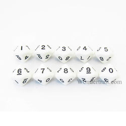 KOP08512 White Opaque Dice with Black Numbers D10 16mm (5/8in) Pack of 10 (ONLINE ORDER ONLY)