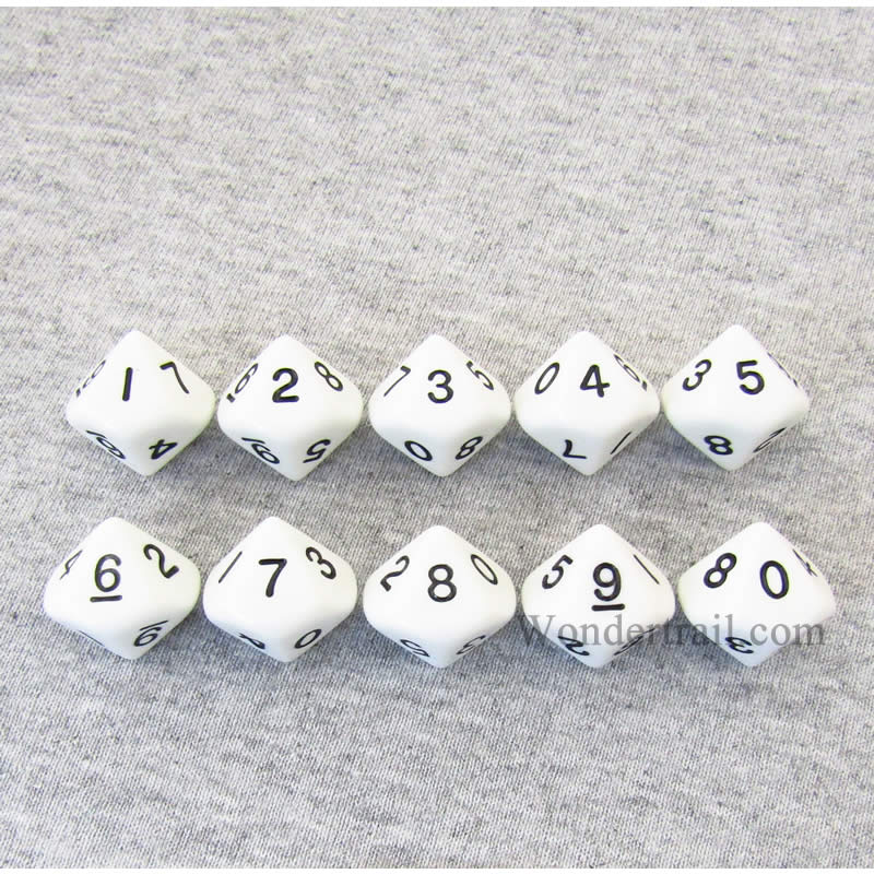 KOP08512 White Opaque Dice with Black Numbers D10 16mm (5/8in) Pack of 10 (ONLINE ORDER ONLY)