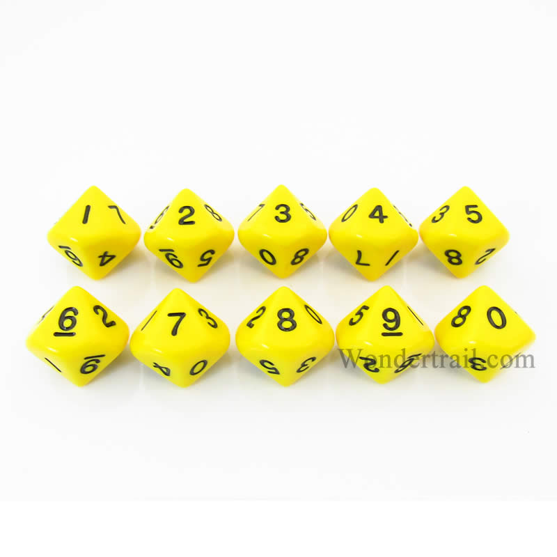 KOP08513 Yellow Opaque Dice Black Numbers D10 16mm (5/8in) Pack of 10 (ONLINE ORDER ONLY)