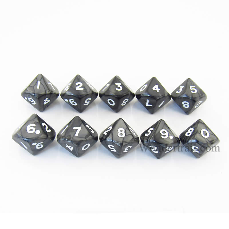 KOP08514 Charcoal Pearlized Dice White Numbers D10 16mm Pack of 10 (ONLINE ORDER ONLY)