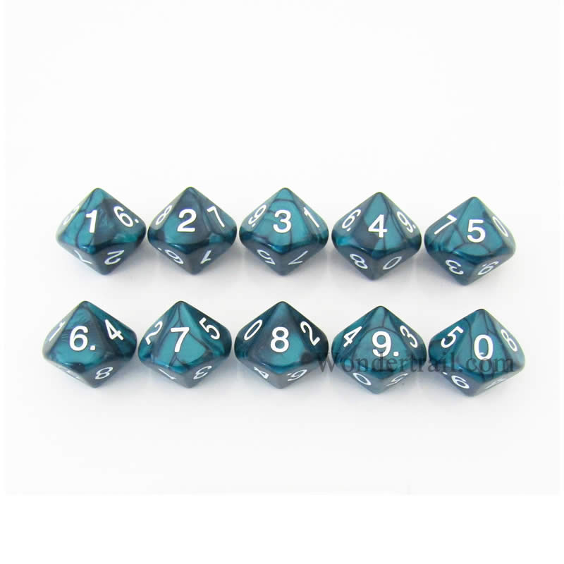 KOP08515 Emerald Pearlized Dice White Numbers D10 16mm Pack of 10 (ONLINE ORDER ONLY)