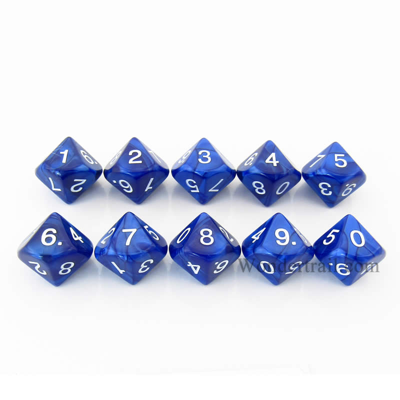 KOP08517 Navy Pearlized Dice White Numbers D10 16mm (5/8in) Pack of 10 (ONLINE ORDER ONLY)