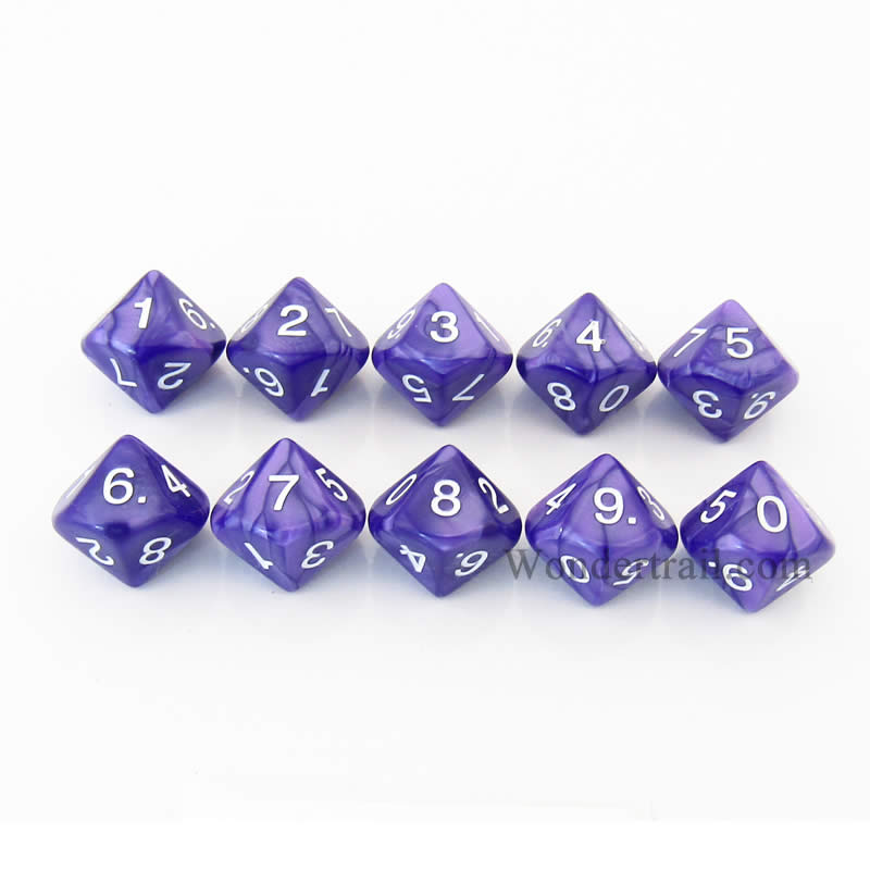 KOP08518 Purple Pearlized Dice White Numbers D10 16mm Pack of 10 (ONLINE ORDER ONLY)
