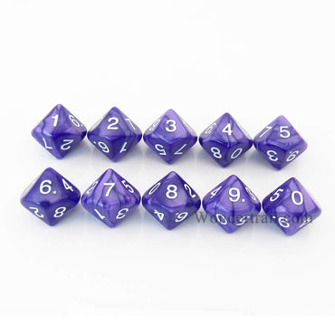 KOP08518 Purple Pearlized Dice White Numbers D10 16mm Pack of 10 (ONLINE ORDER ONLY)